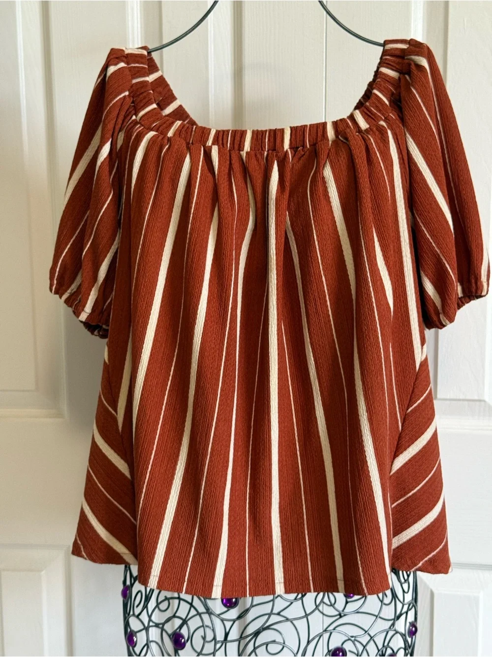 Anthropologie ELODIE Rust and White Striped Off-Shoulder Puff Sleeve Top. S